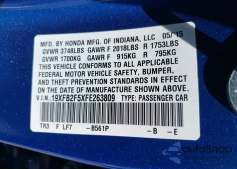 2015 Honda Civic Lx z USA, uszkodzony, nr VIN 19XFB2F5XFE263809